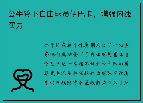 公牛签下自由球员伊巴卡，增强内线实力