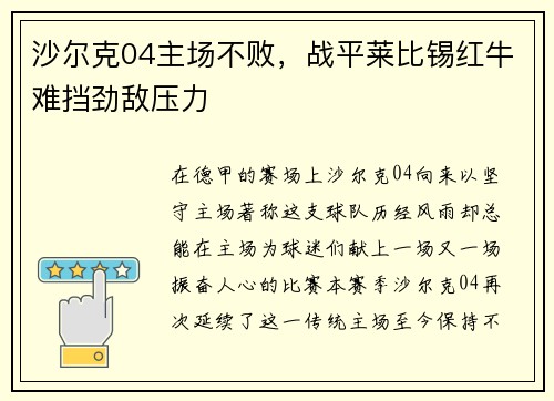 沙尔克04主场不败，战平莱比锡红牛难挡劲敌压力
